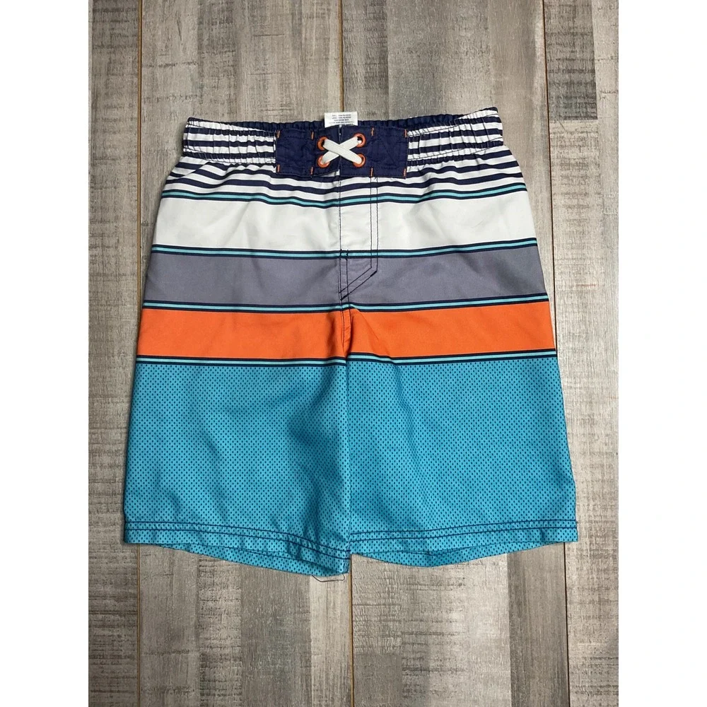 Cherokee Boys Blue Orange Striped Swim Trunks Board Shorts Size Small 6/7